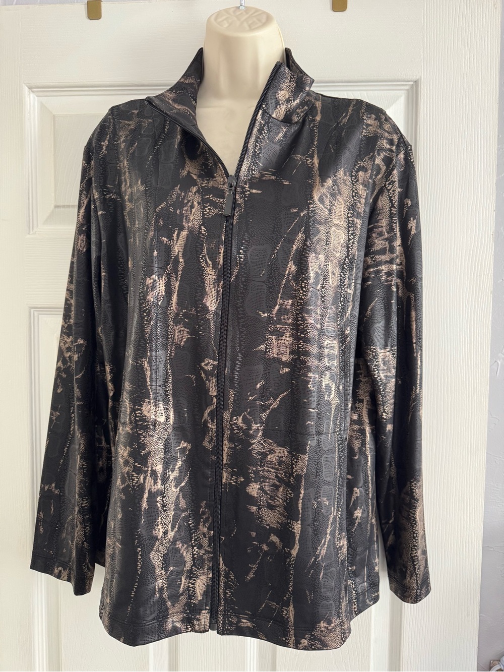 Chico's Black Jacket with Metallic Beige Print